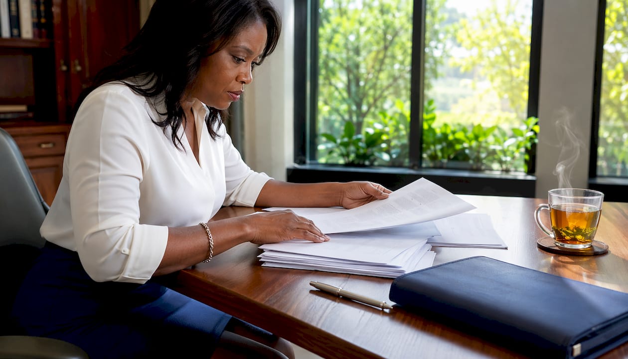 Hands reviewing insurance and regulation papers