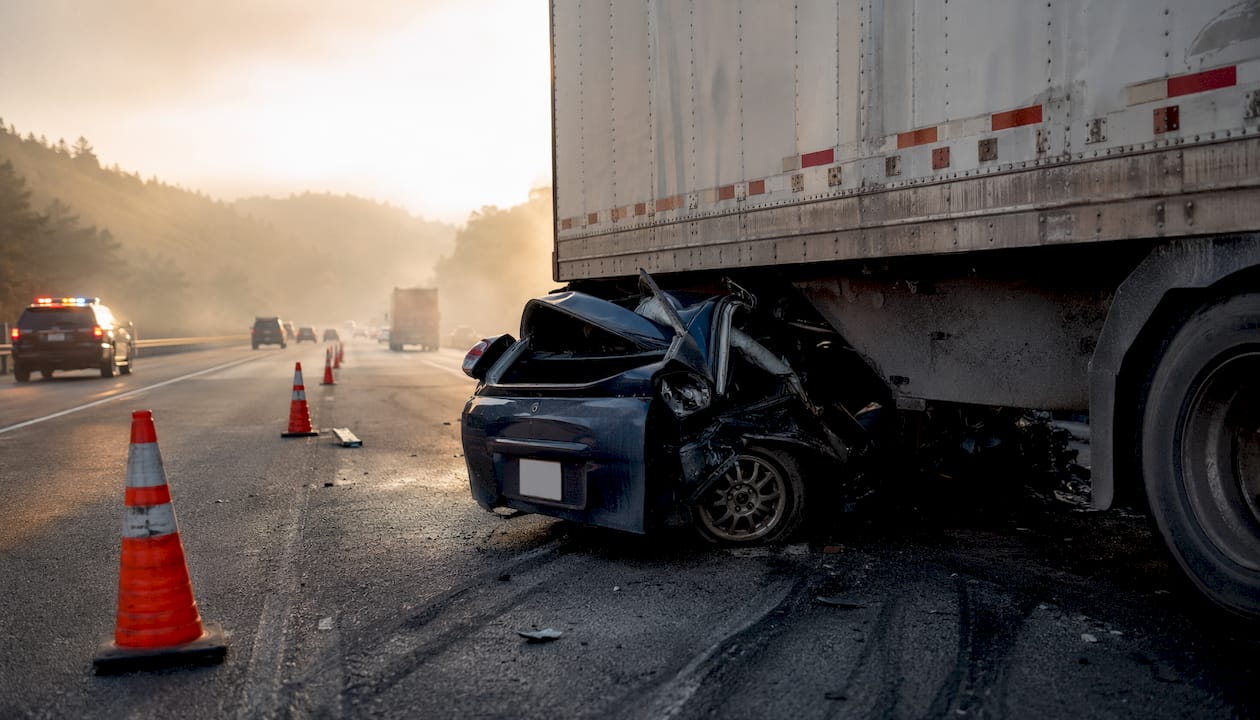 Damaged car beneath semi-truck trailer
