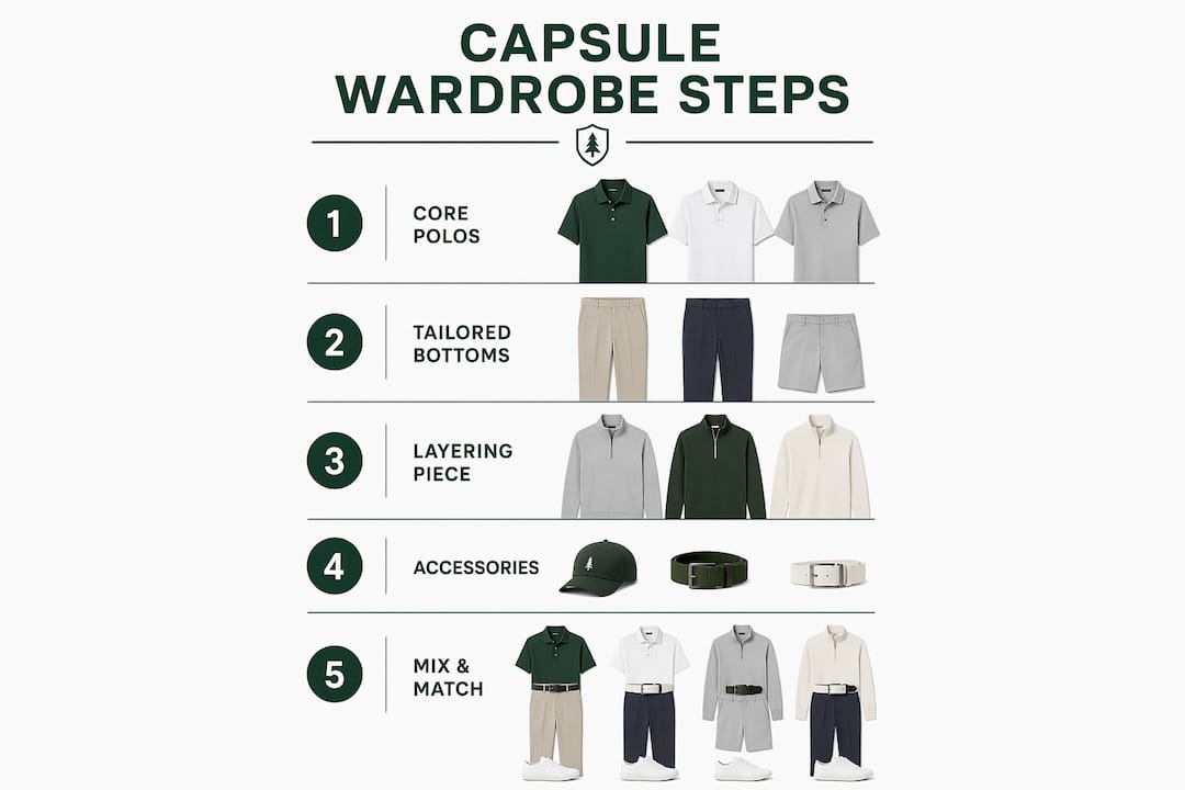 Infographie illustrant cinq étapes pour construire une garde-robe de golf capsule