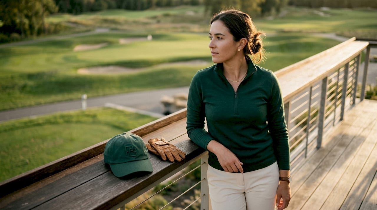 Joueuse de golf portant un quart-zip ajusté dans le salon du club
