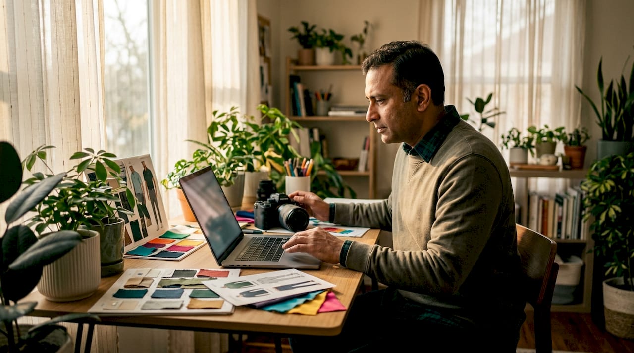 Creative man editing golf fashion content at home desk