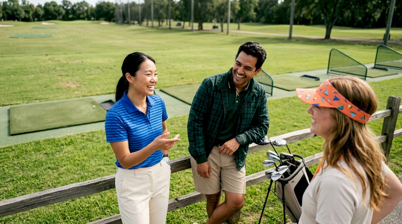 Diverse golfers discussing golf fashion on course