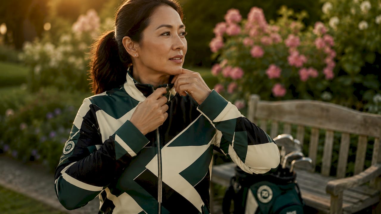 Femme ajustant une veste de golf à motifs près du club-house
