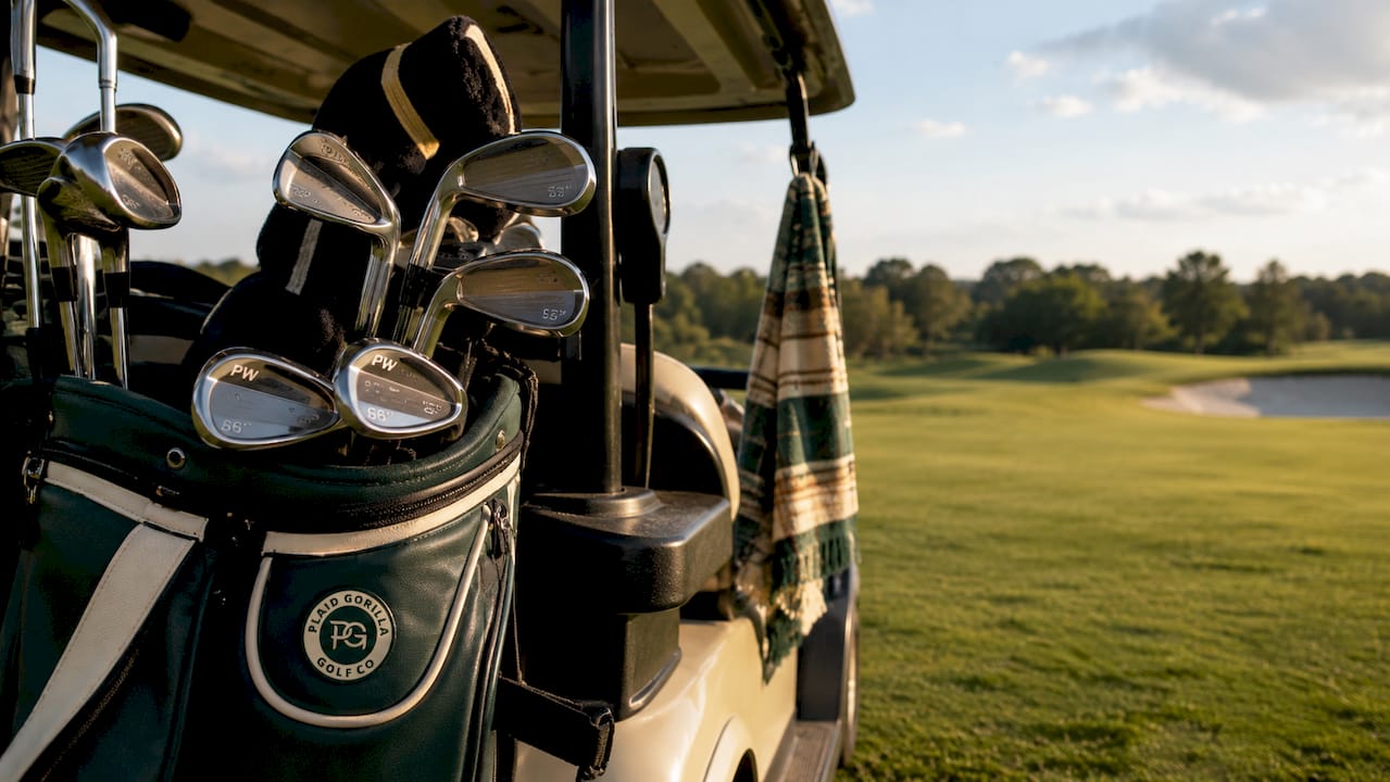 Golf wedges displayed on golf course cart