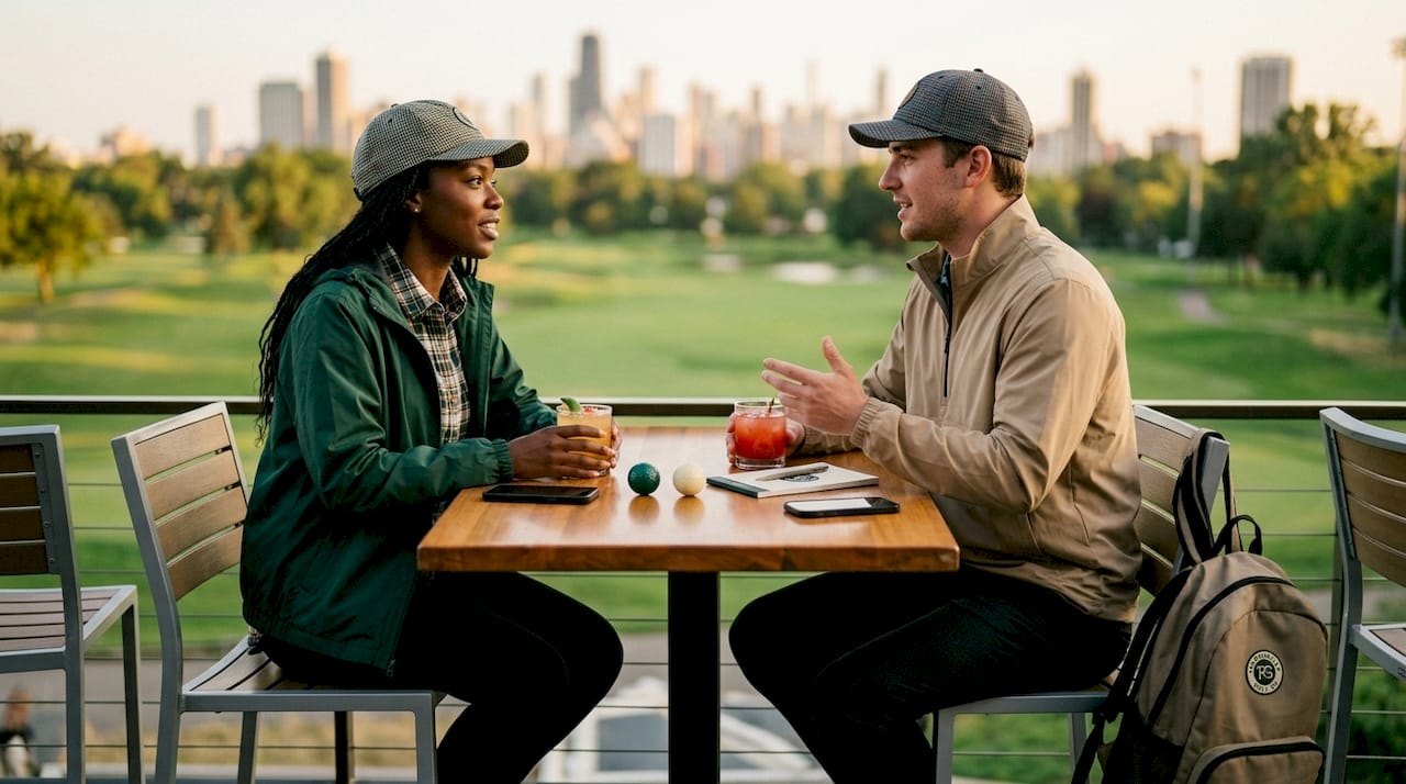 Group mixing golf and streetwear styles outdoor