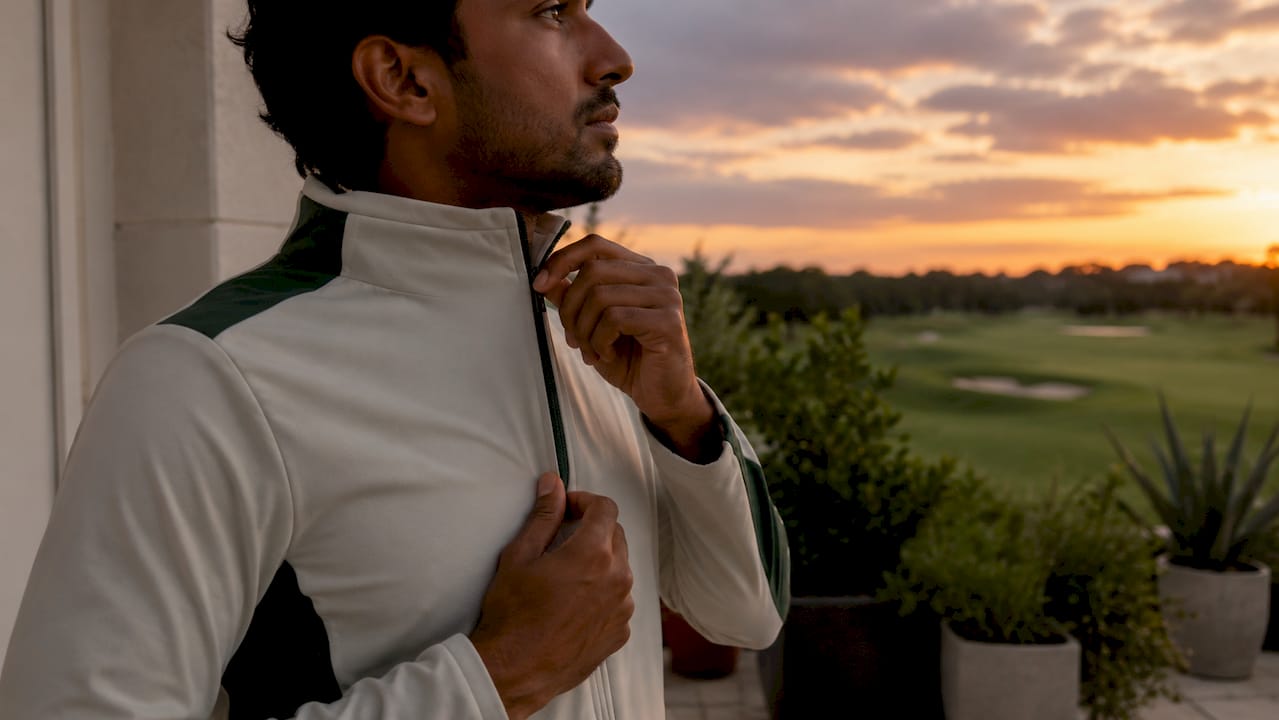 Close-up of man adjusting technical golf jacket fabric