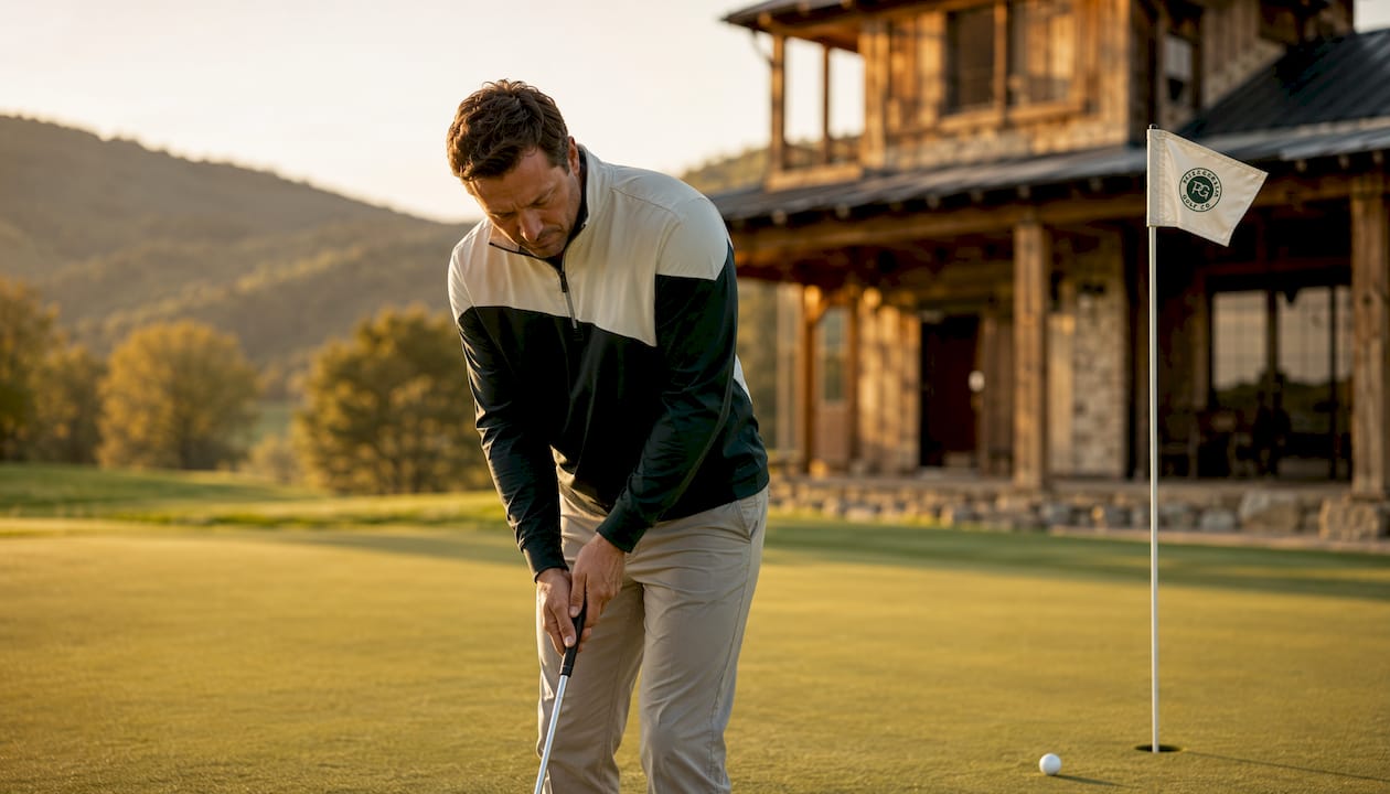 Side profile of golfer wearing patterned performance golf jacket