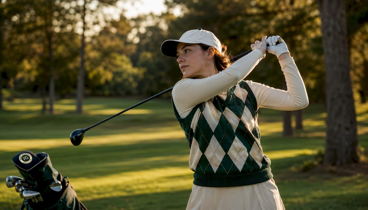 Close-up of female golfer wearing argyle vest swinging