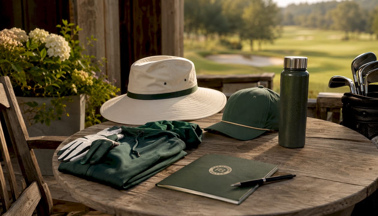 Assorted golf outfit accessories arranged on table