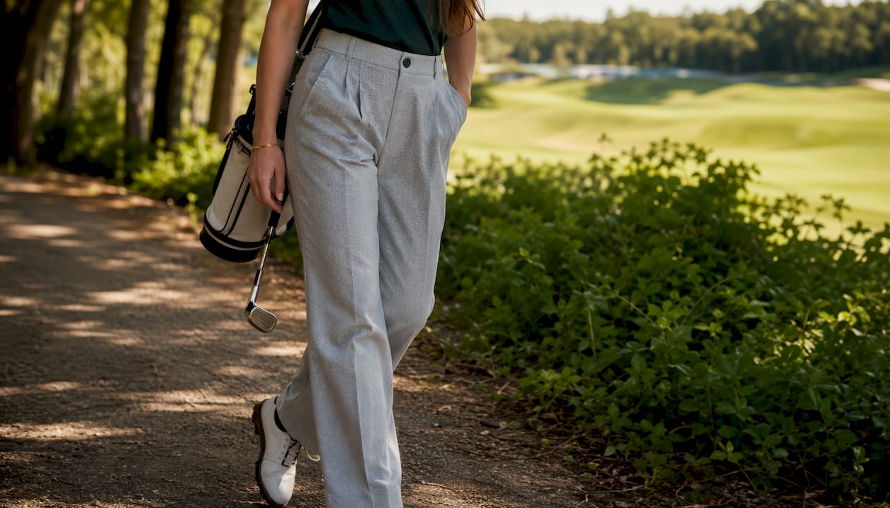 Woman golfer wearing pleated wool trousers on course
