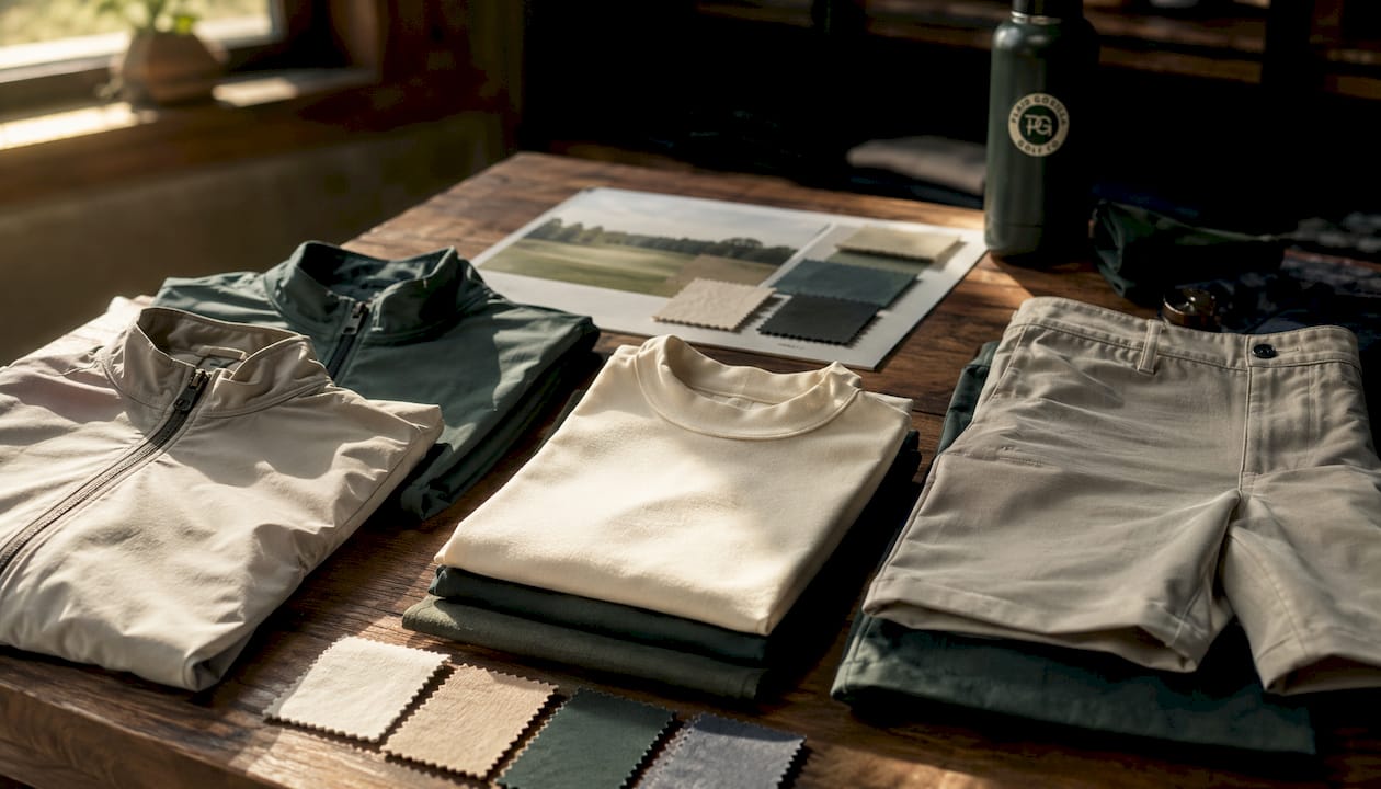 Overhead view of folded alternative golf clothing samples
