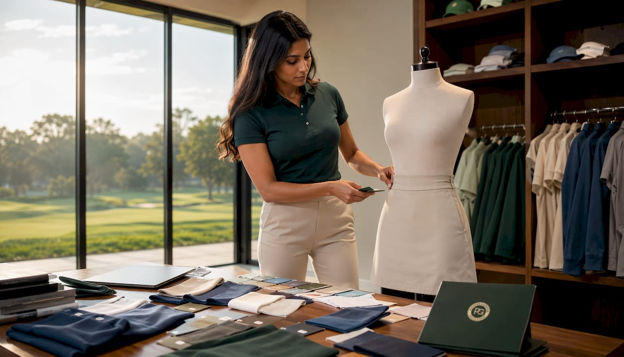 Shopper examining golf fabric samples