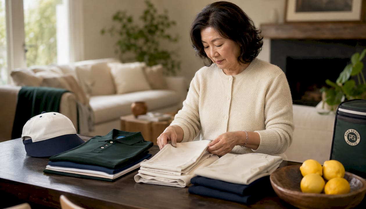 Hands arranging golf clothing pieces