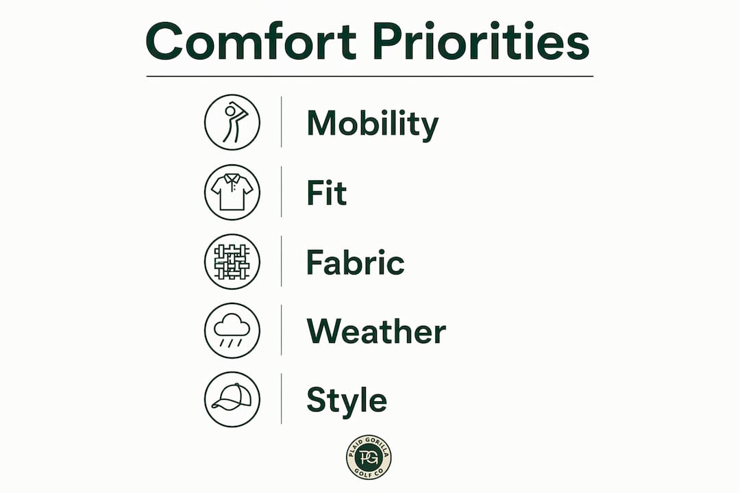 Infographic outlining key priorities for comfortable golf apparel
