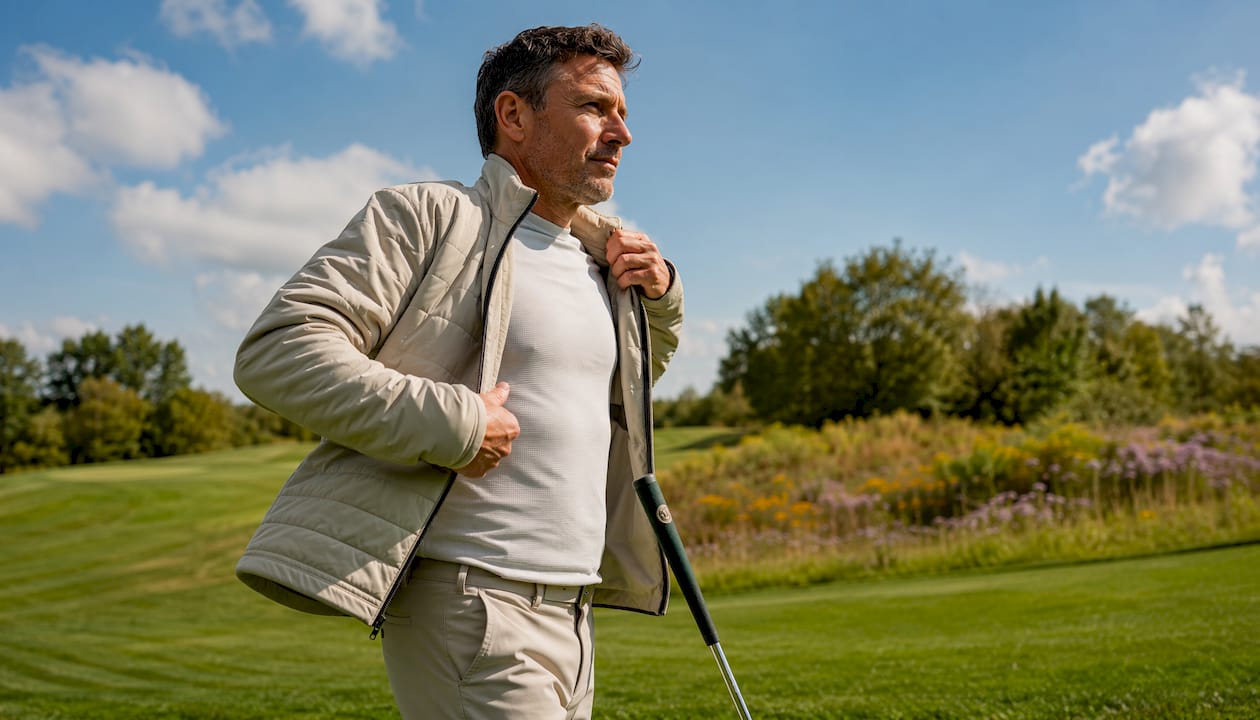 Golfer layering mid-layer on spring golf course