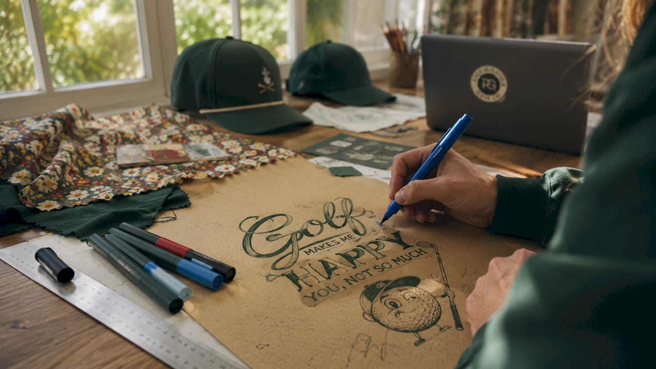 Hands sketching humorous golf apparel typography