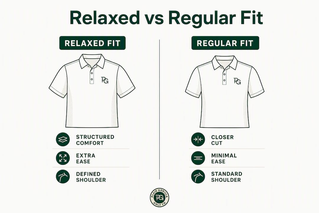 Infographic comparing relaxed and regular fit golf apparel features