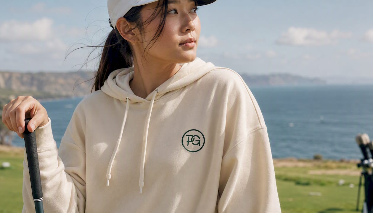 Close-up of colorful golf hoodie on golfer