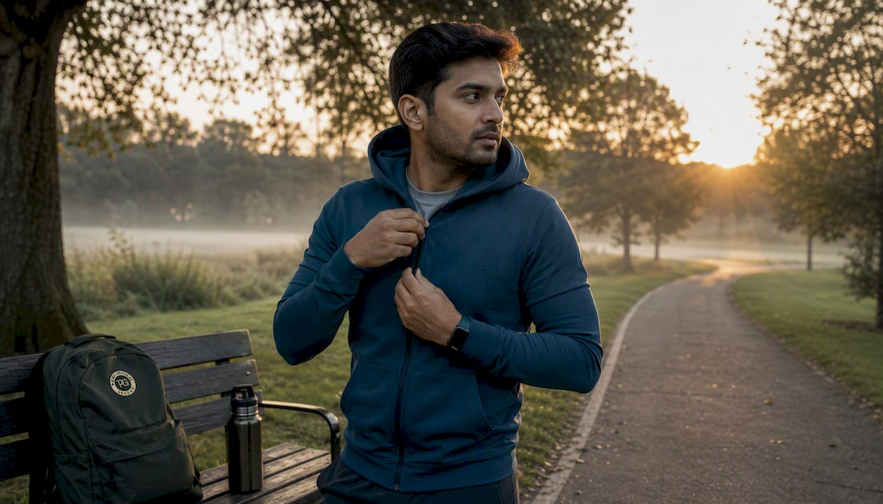Runner zipping slim-performance hoodie in gym
