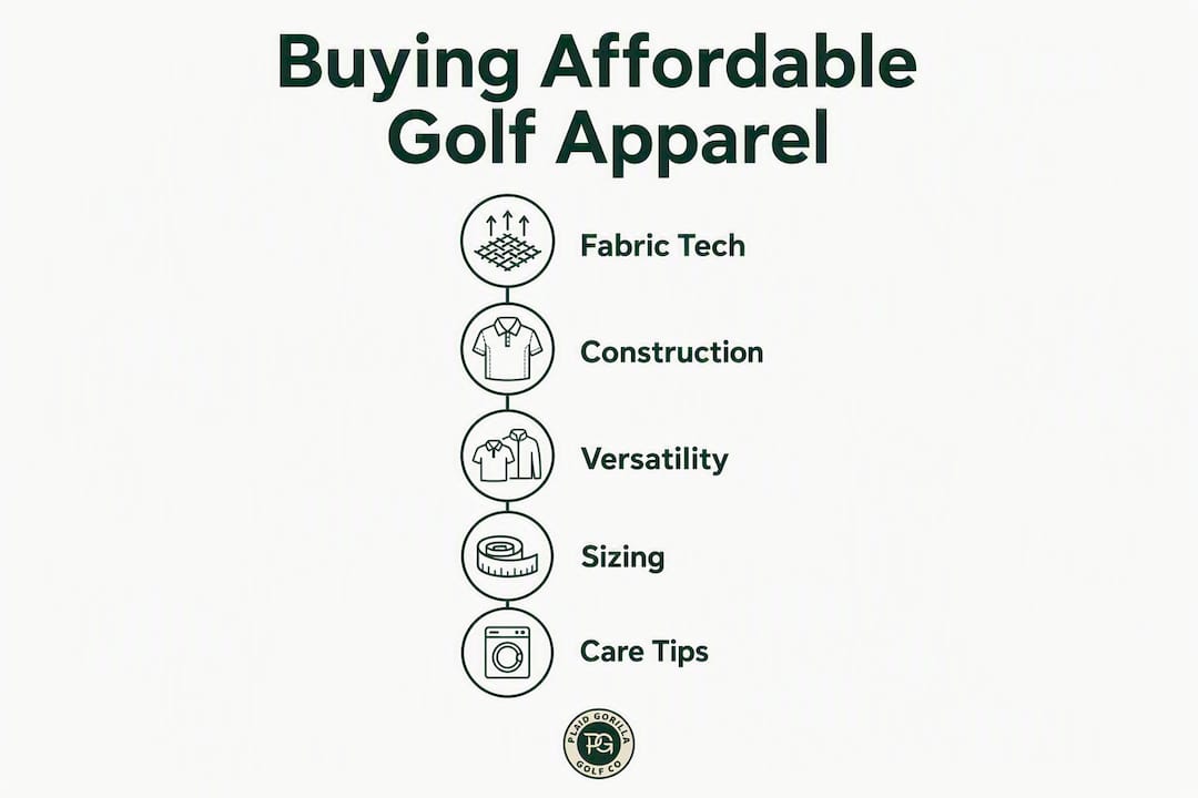 Infographic showing key factors in buying affordable golf apparel