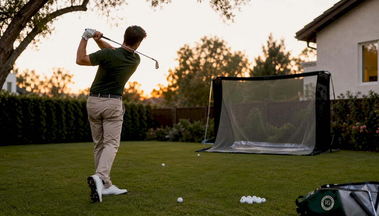Man practicing full golf swings inside garage net