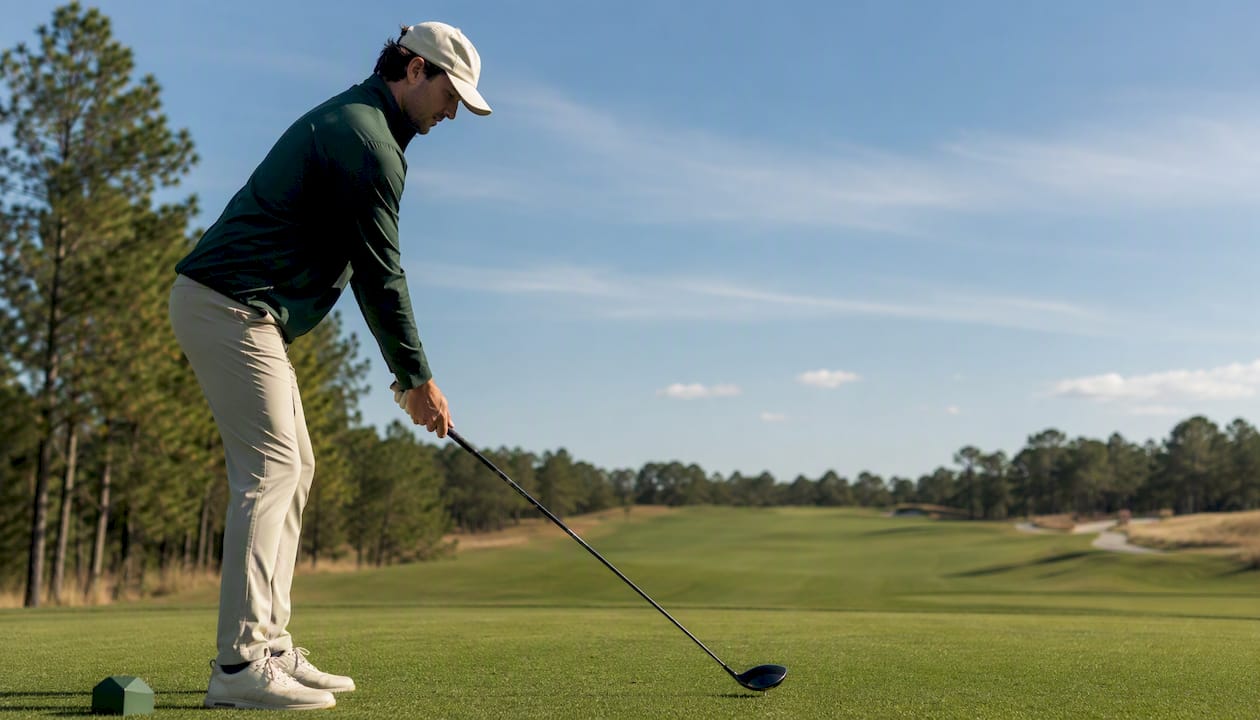 Golfer mid-swing on firm par-5 fairway