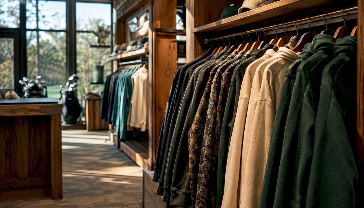Golf course pro shop apparel rack with hats and polos