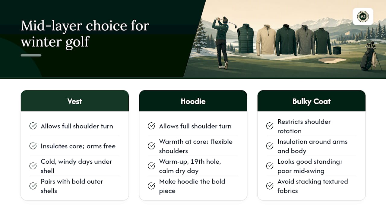 Why does Plaid Gorilla Golf favour vests and hoodies for winter rounds? — overview diagram