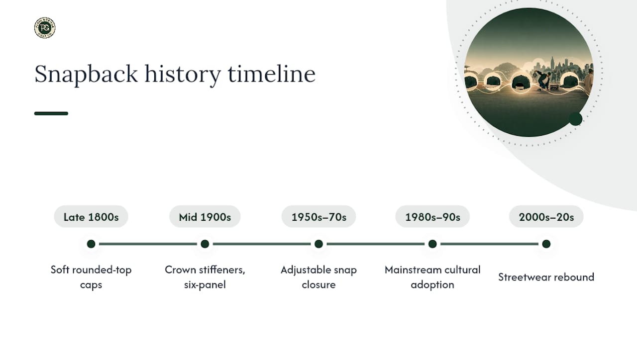 Timeline diagram of snapback cap construction history