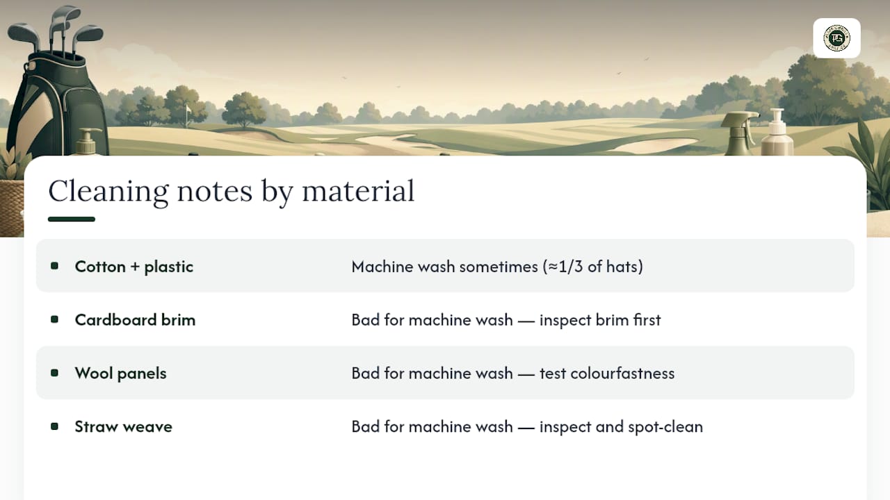 Diagram comparing golf hat materials and cleaning methods