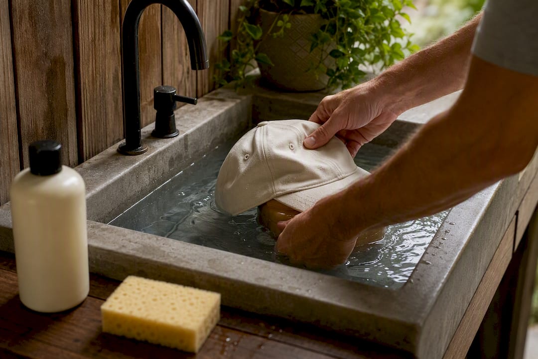 Hands rinsing golf hat brim in sink water
