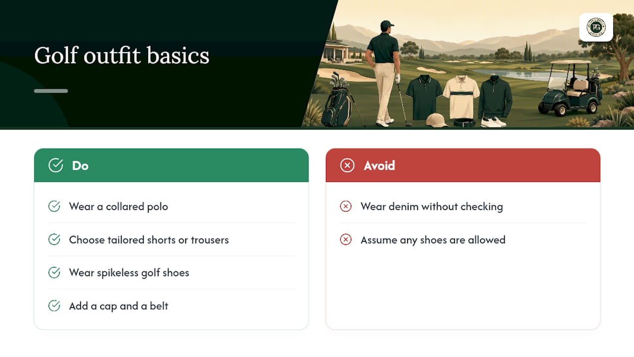 Diagram of essential golf outfit items and dress code