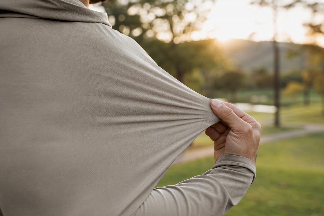 Hand stretching hoodie fabric to show breathability