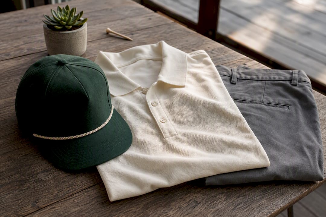 Casual golf outfit with rope hat on patio bench