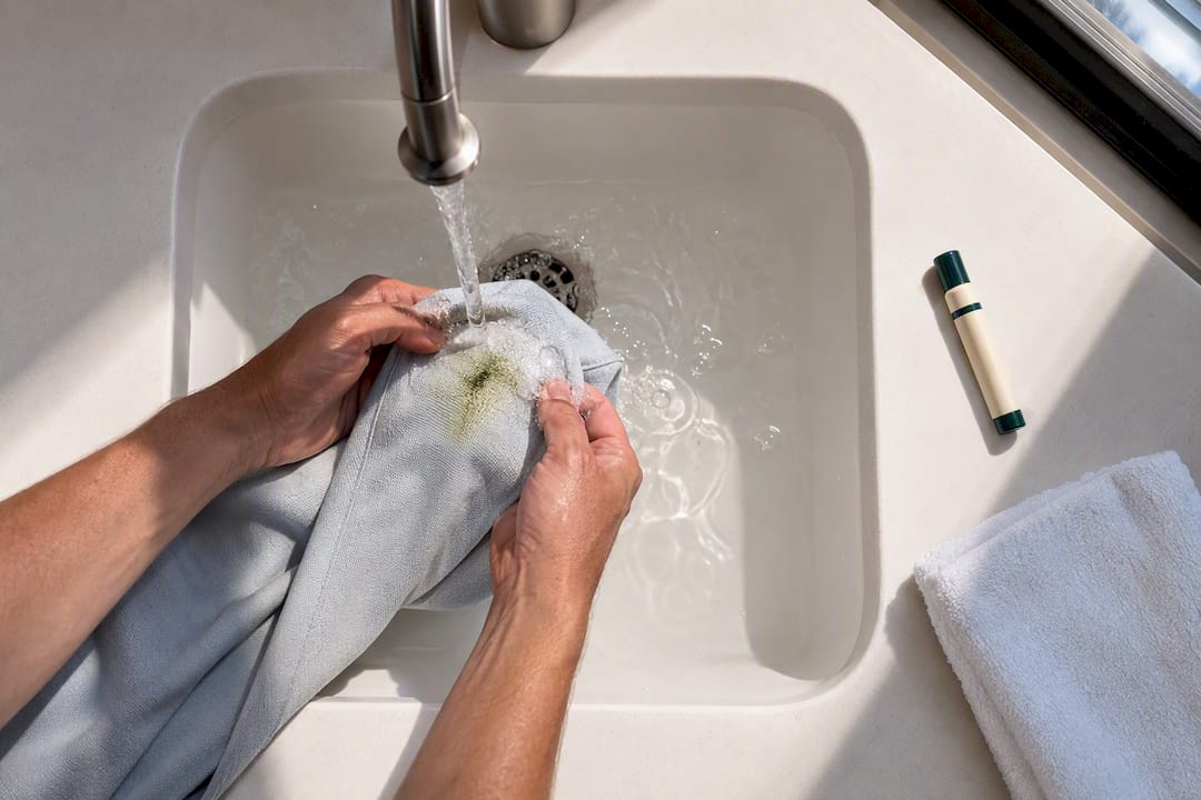 Hands rinsing a grass stain from golf fabric