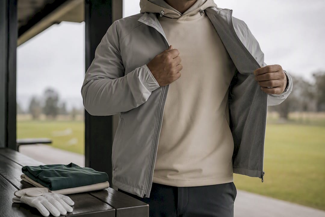 Golfer layering wind shell over hoodie
