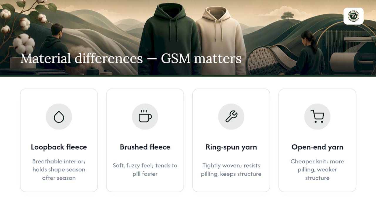 Comparison of hoodie fleece, yarn and GSM factors