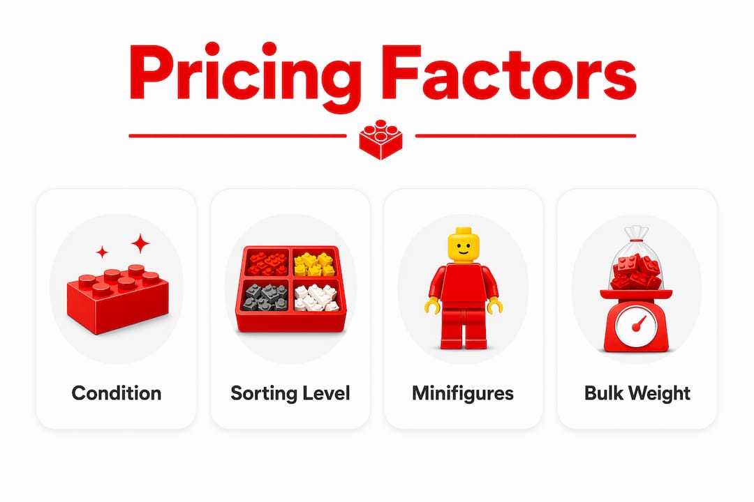 Infographic of key factors affecting bulk LEGO brick pricing