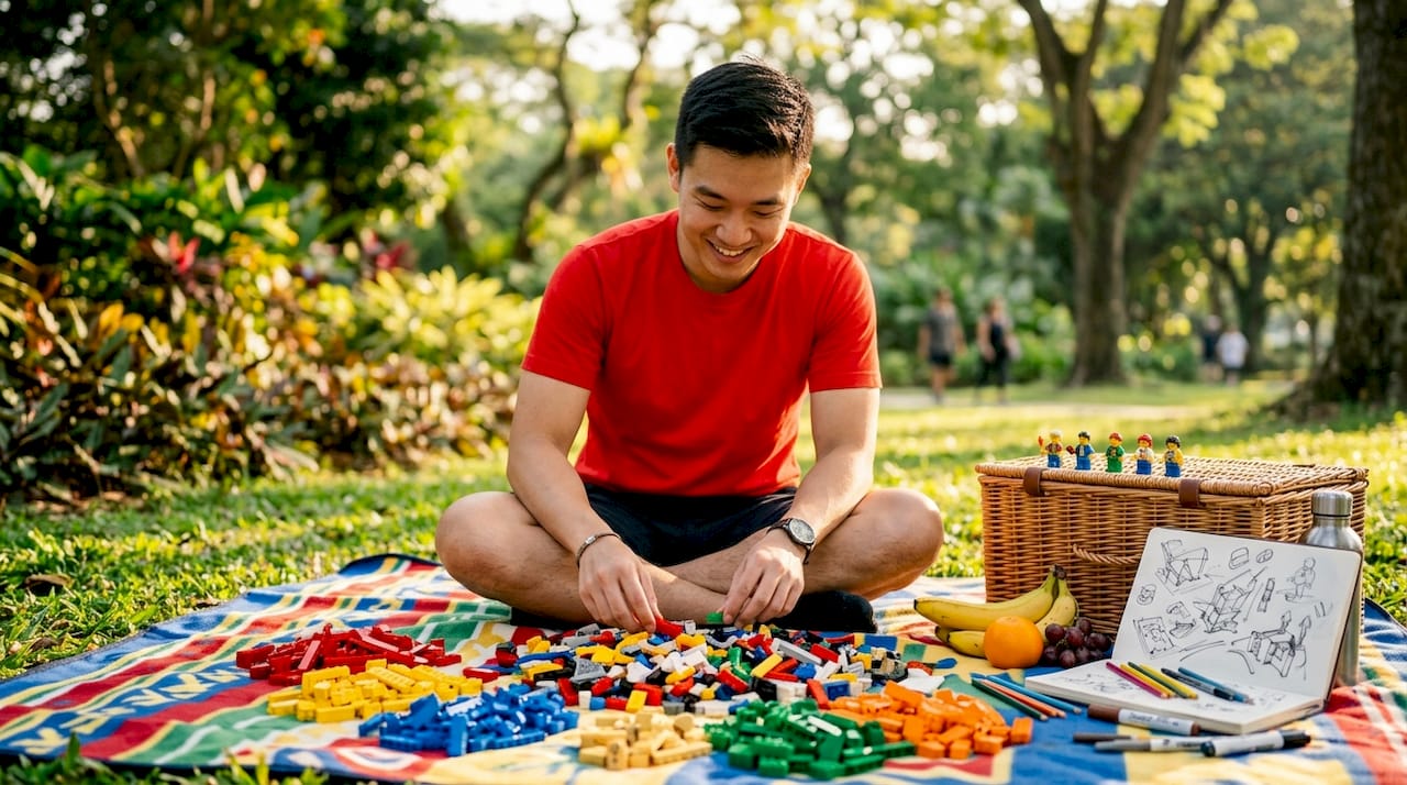 Hands sorting loose LEGO bricks into color piles