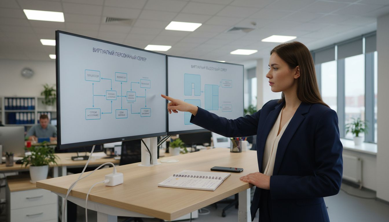 Женщина рассматривает схемы серверов VPS и VDS, чтобы понять, в чём между ними разница.