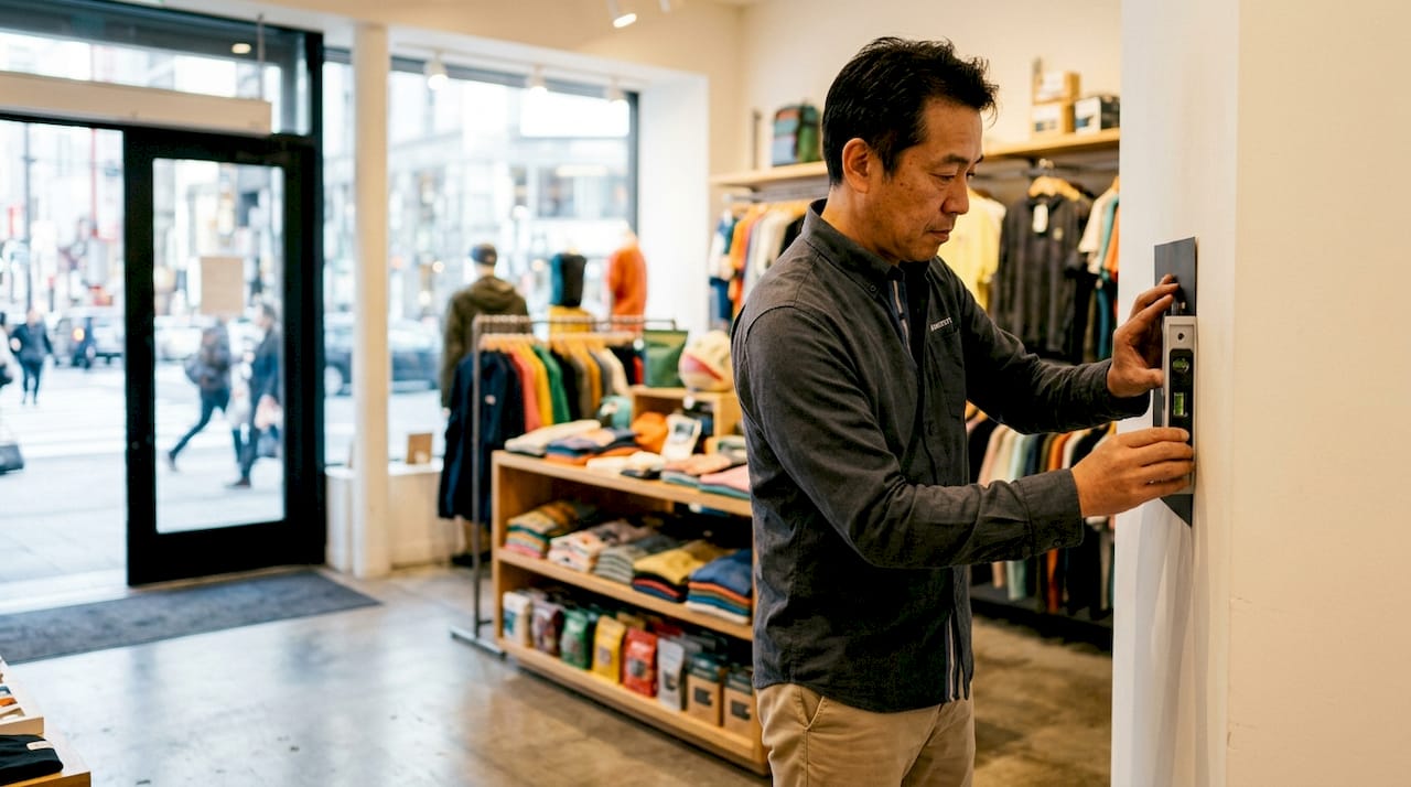 Store manager adjusting exterior retail signage