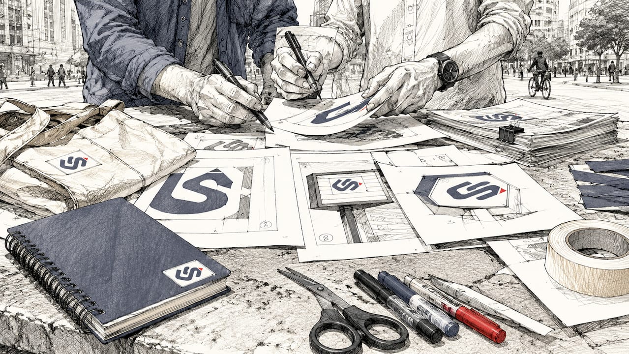 Prototype signage materials on workspace table