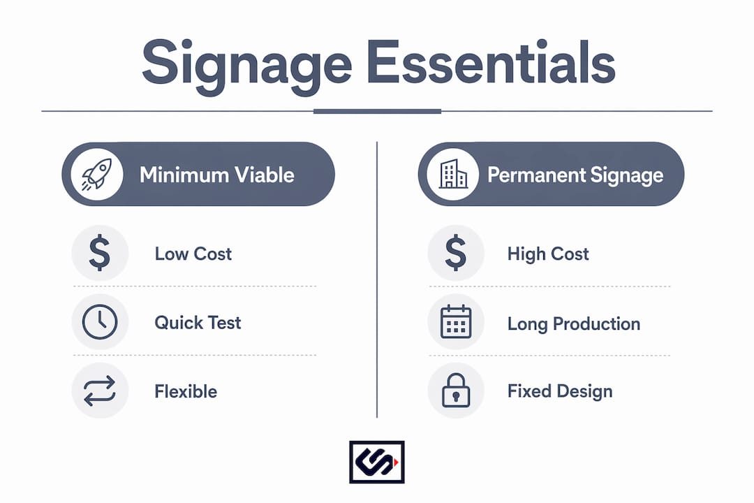 Infographic comparing minimum viable and permanent signage