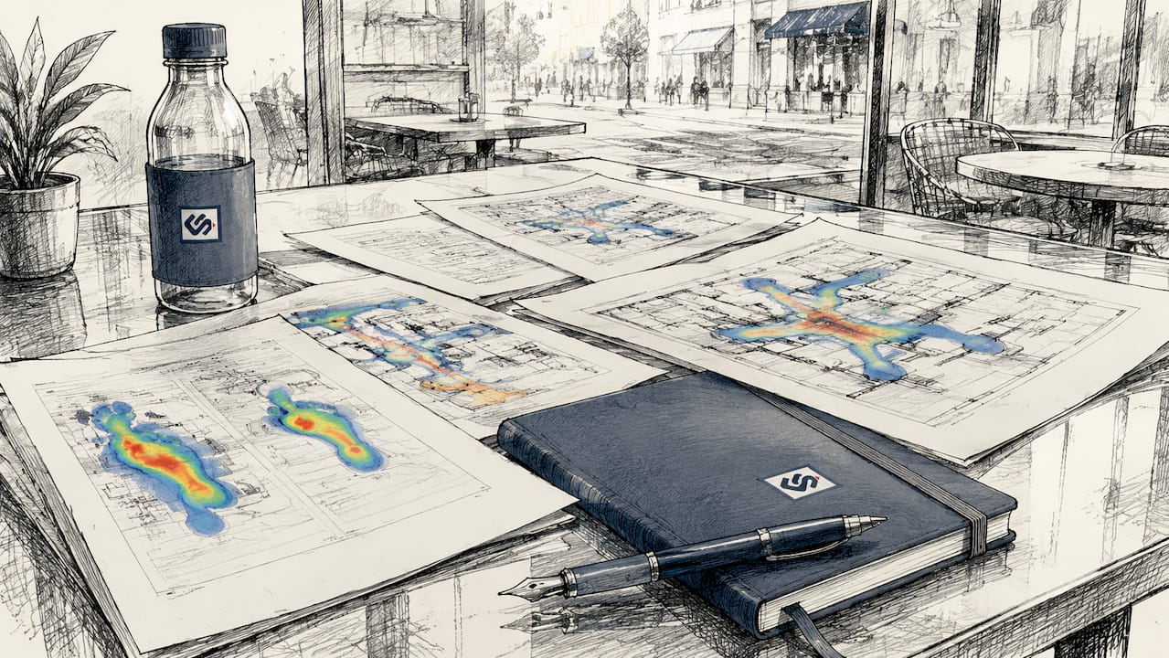 Desk with foot traffic heatmap reports and tablet