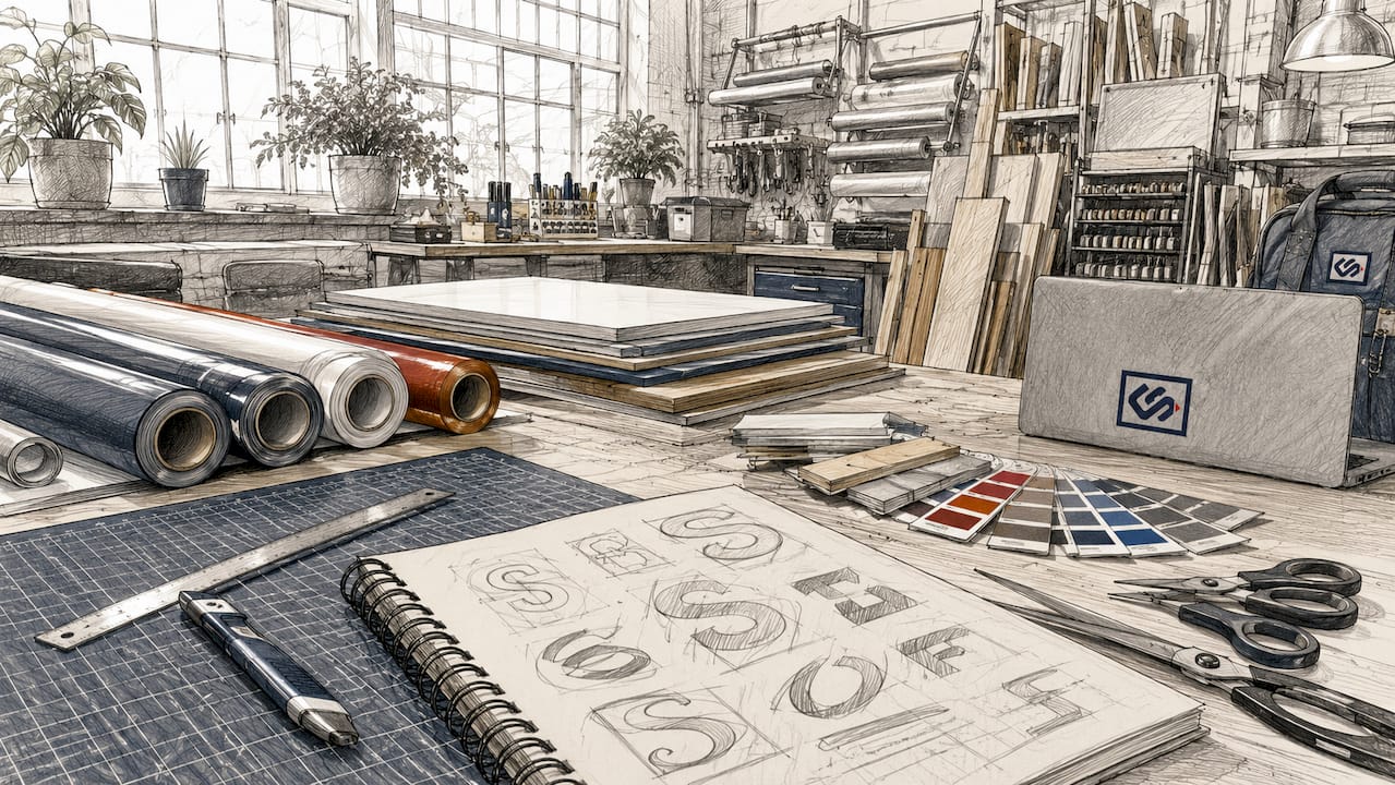 Workbench with signage design materials and tools