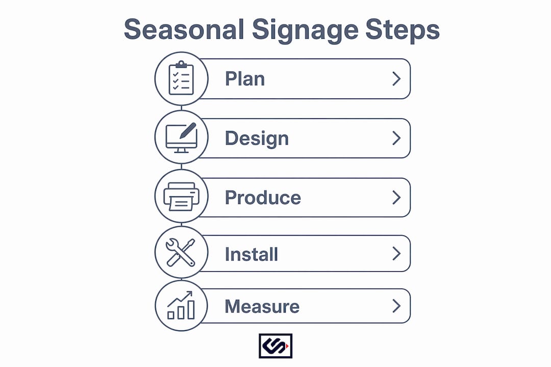 Infographic showing five key steps of seasonal signage strategy