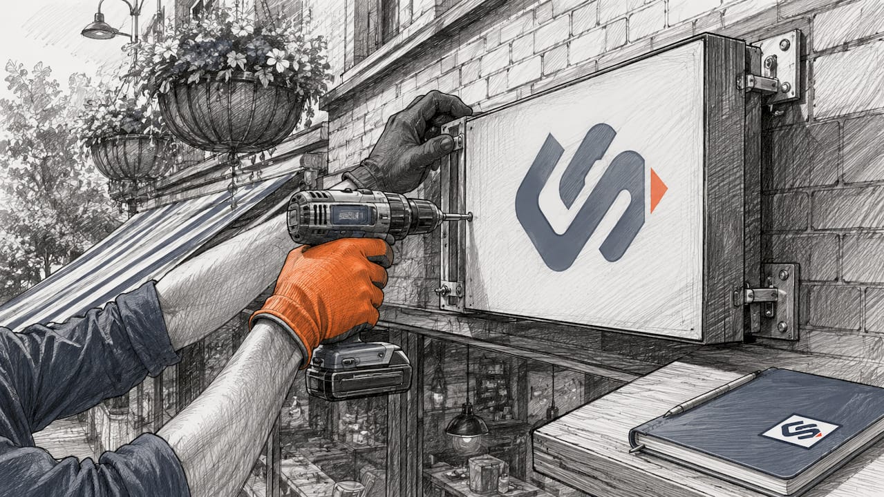 Close-up of installer hands fitting fascia sign outdoors