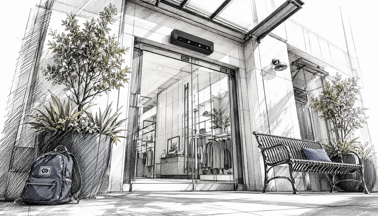 Retail entrance with foot traffic measurement tools