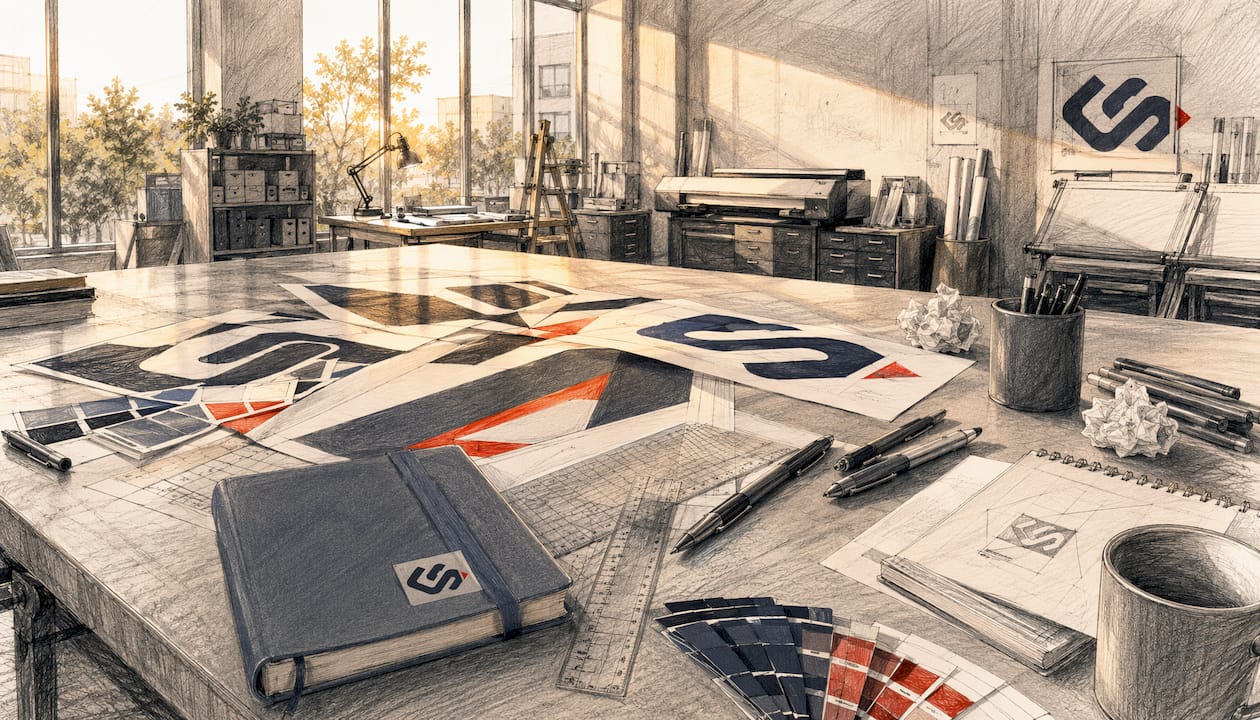 Signage design workspace with mockups and tools overhead