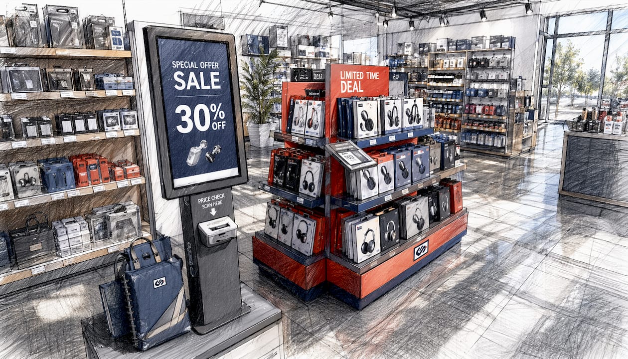 Close-up of point-of-purchase signage and product display